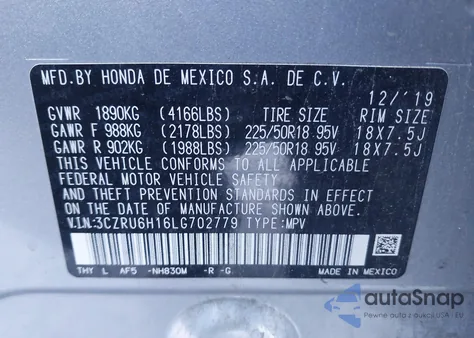 2020 Honda Hr-V Awd Sport from USA, damaged, VIN 3CZRU6H16LG702779